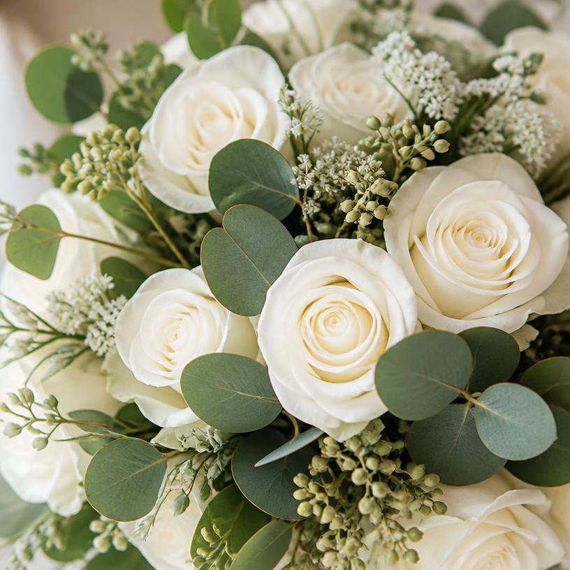 Buquê de noiva com rosas brancas e eucalipto