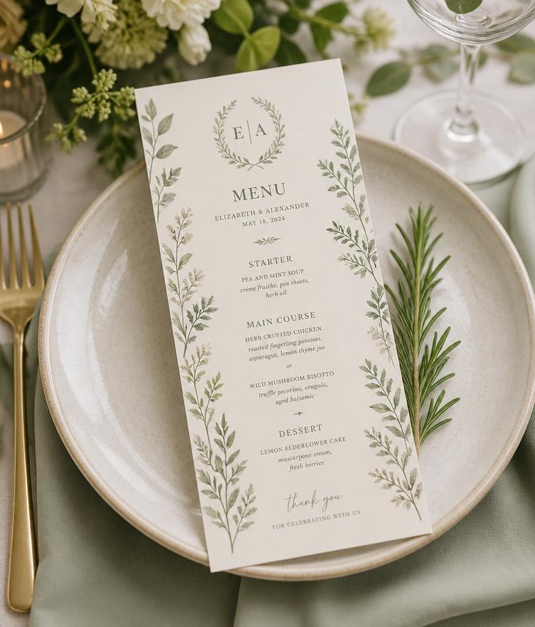 Cardápio de casamento elegante sobre prato com alecrim