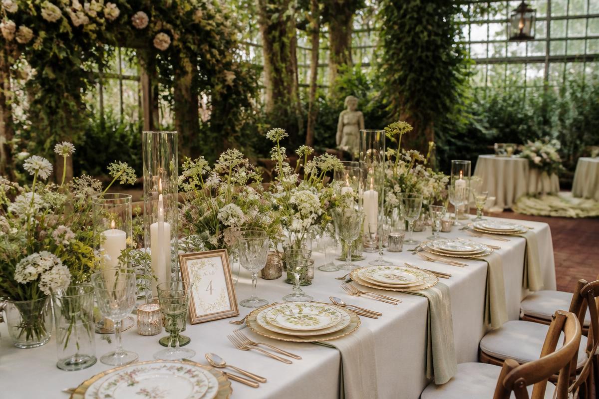 Mesa de recepção de casamento decorada com louça fina e flores no jardim