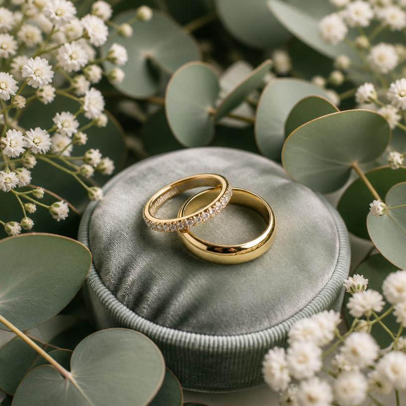 Alianças de casamento sobre veludo e eucalipto